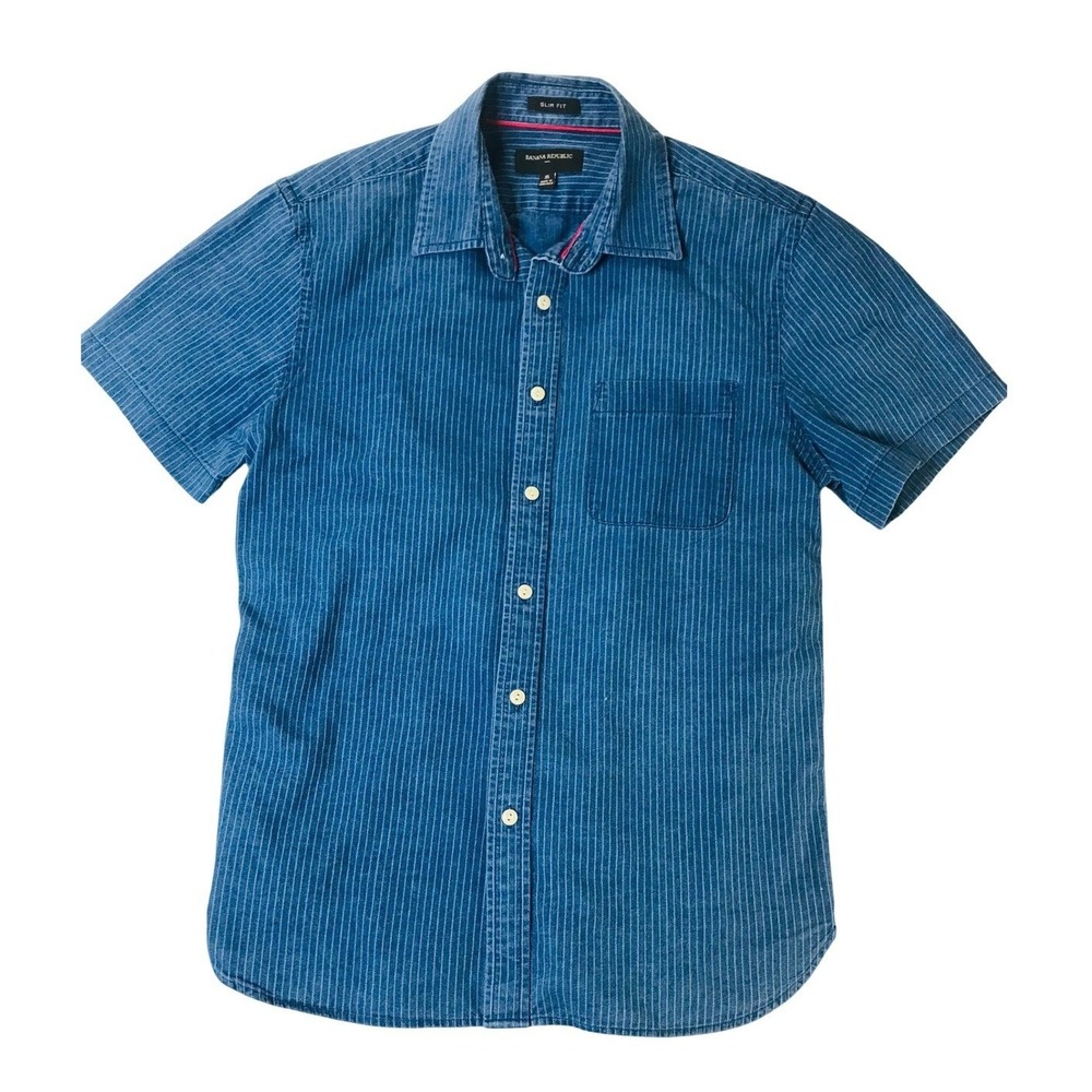 Banana Republic Shirt Mens Medium Slim Fit Blue Striped Short Sleeve Button Down